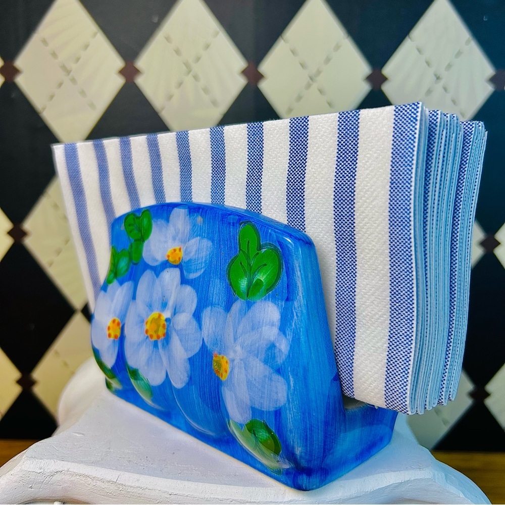 Hand-Painted Ceramic Napkin Holder Blue‎ Floral Cottage Décor - Picture 9 of 9